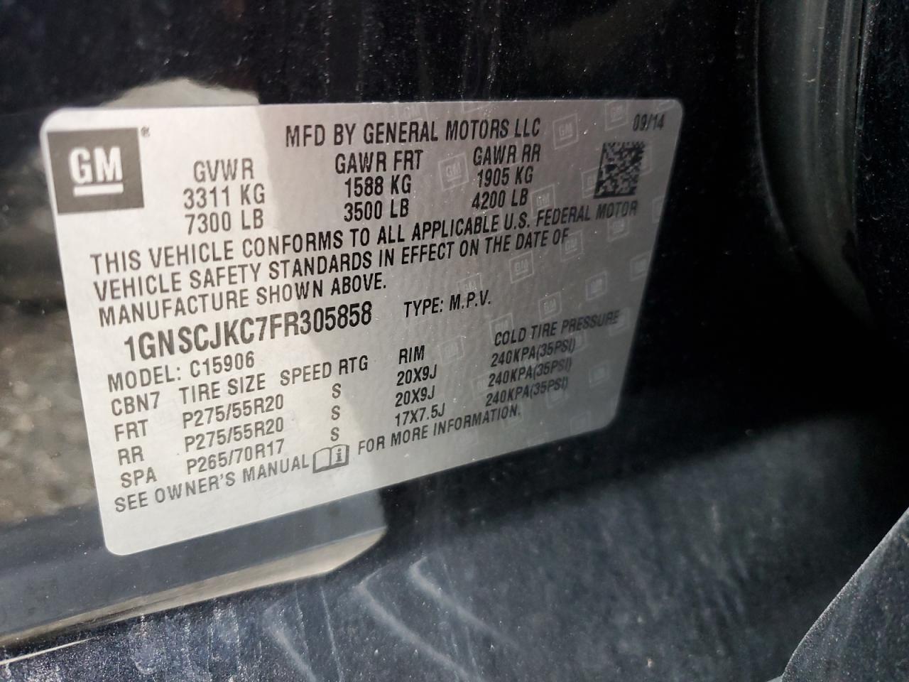 1GNSCJKC7FR305858 2015 Chevrolet Suburban C1500 Lt