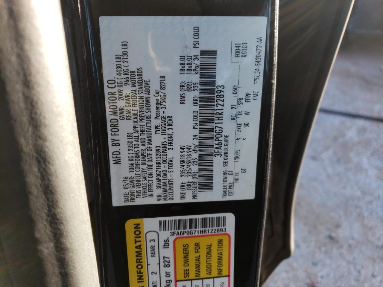 3FA6P0G71HR122893 2017 Ford Fusion S