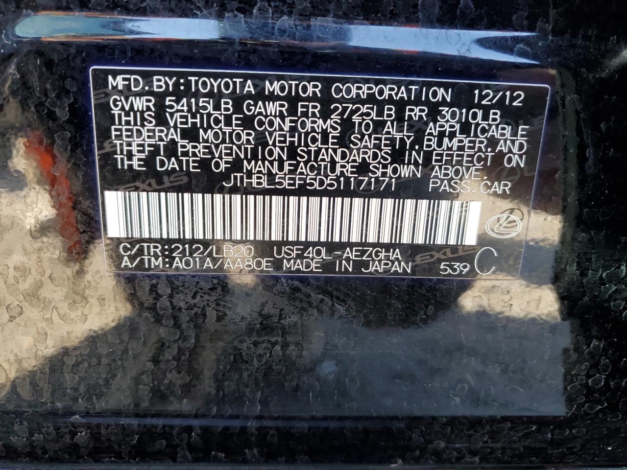 JTHBL5EF5D5117171 2013 Lexus Ls 460