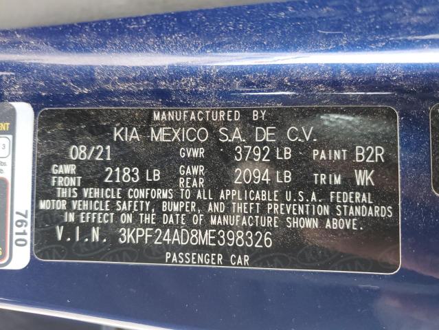 3KPF24AD8ME398326 | 2021 KIA FORTE FE