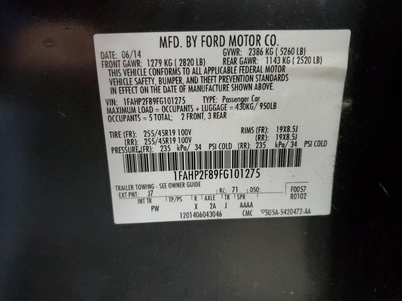 1FAHP2F89FG101275 2015 Ford Taurus Limited