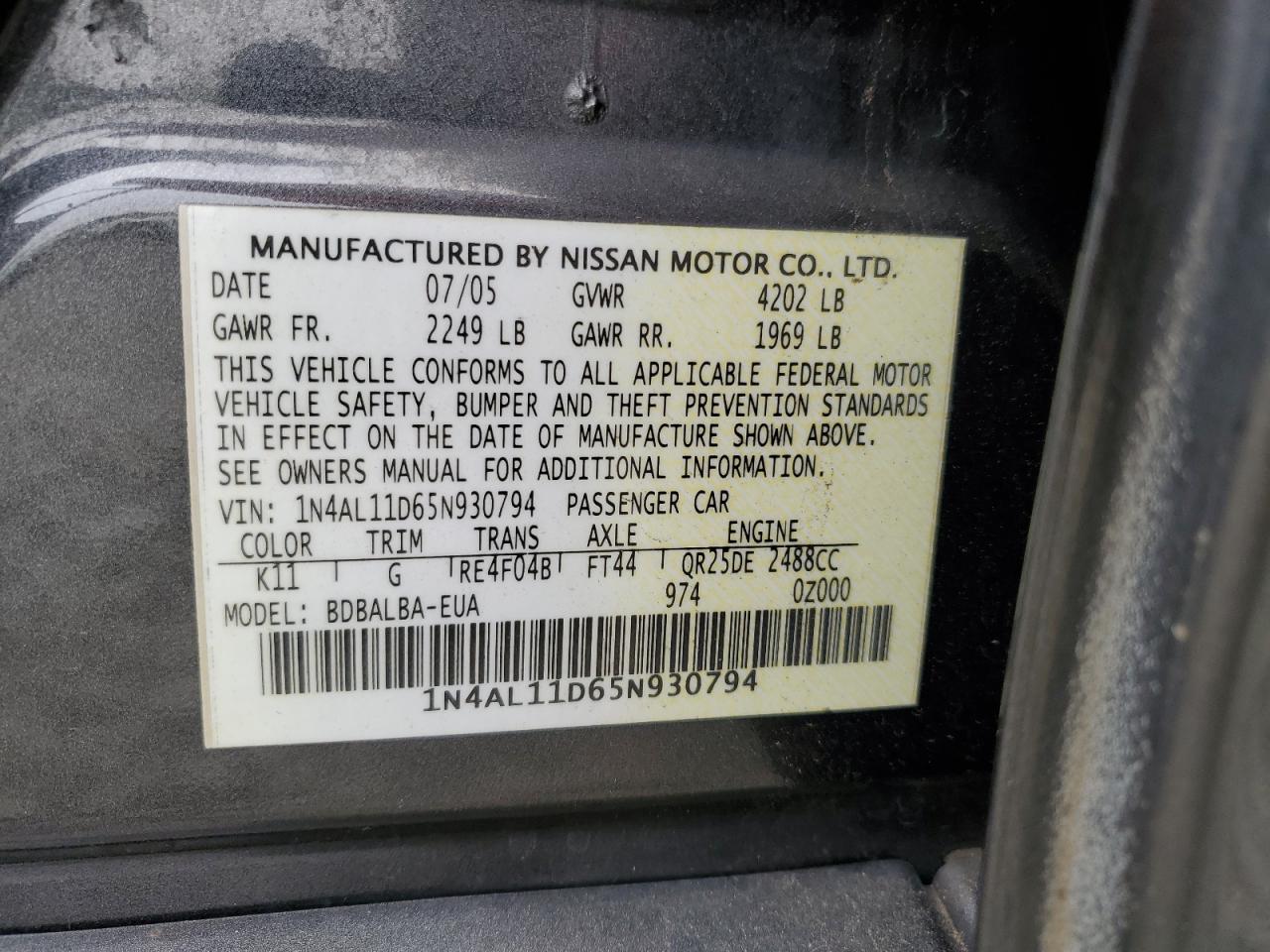 1N4AL11D65N930794 2005 Nissan Altima S