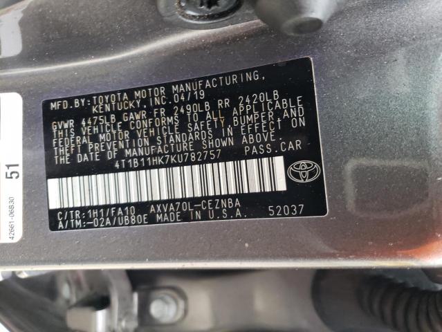 4T1B11HK7KU782757 | 2019 TOYOTA CAMRY L