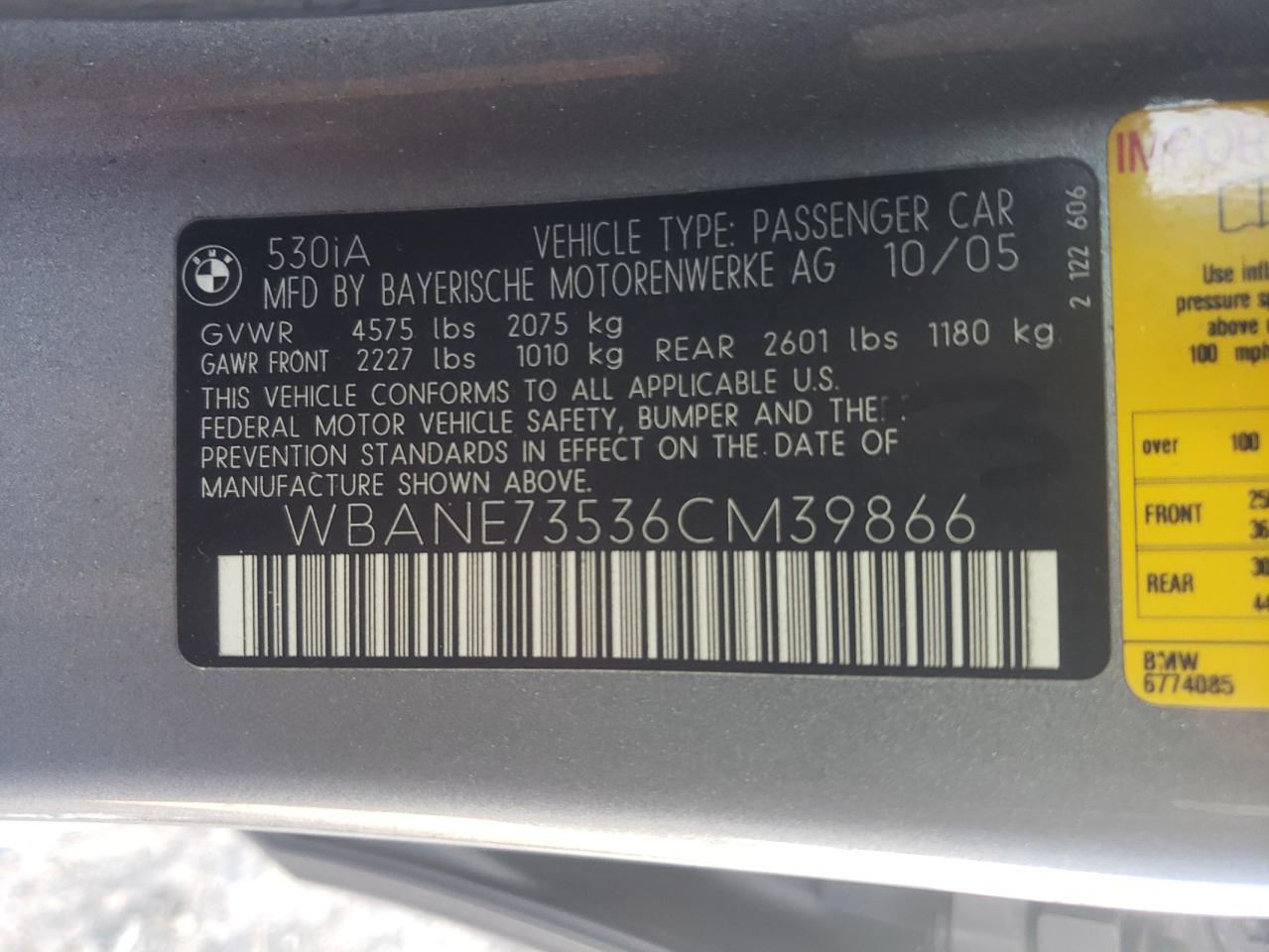 wbane73536cm39866 WBANE73536CM39866 2006 BMW 530 I