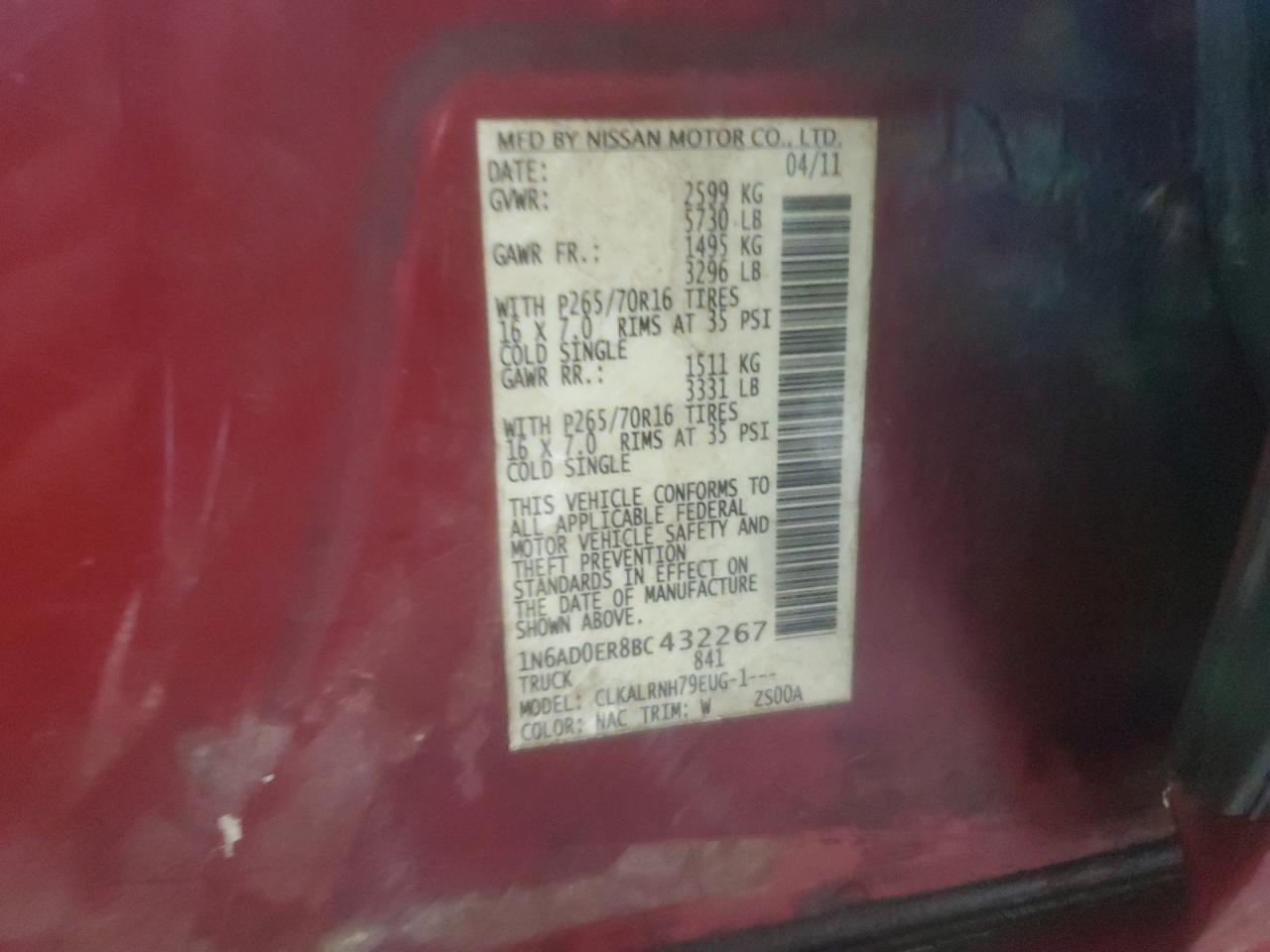 1N6AD0ER8BC432267 2011 Nissan Frontier S