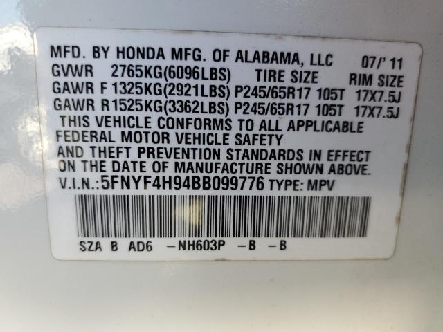 5FNYF4H94BB099776 2011 Honda Pilot Touring
