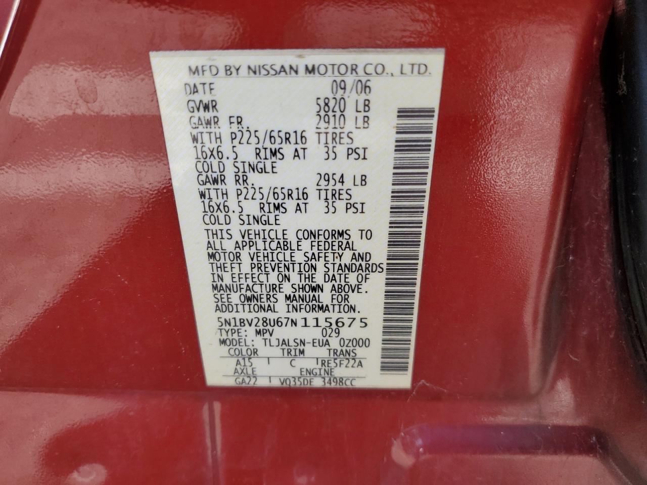 5N1BV28U67N115675 2007 Nissan Quest S