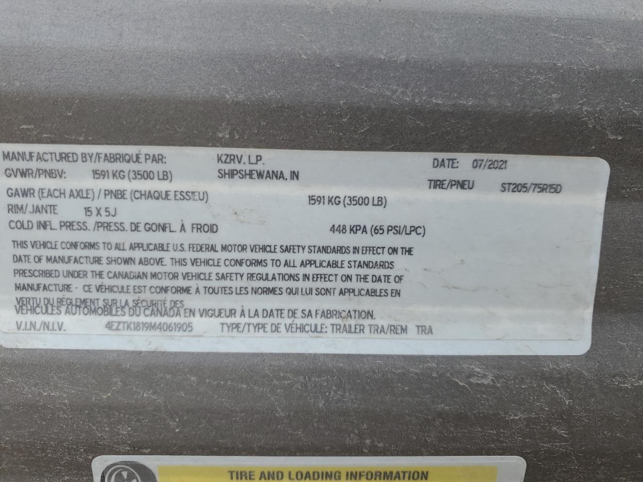 2021 Kz In Sprts160Qb vin: 4EZTK1819M4061905