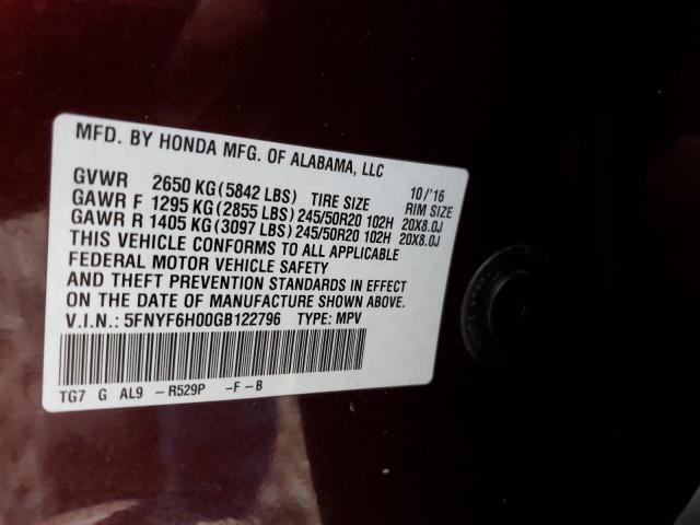 2016 HONDA PILOT ELIT - 5FNYF6H00GB122796