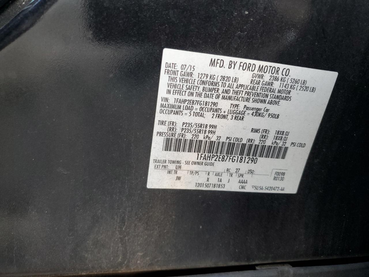 1FAHP2E87FG181290 2015 Ford Taurus Sel