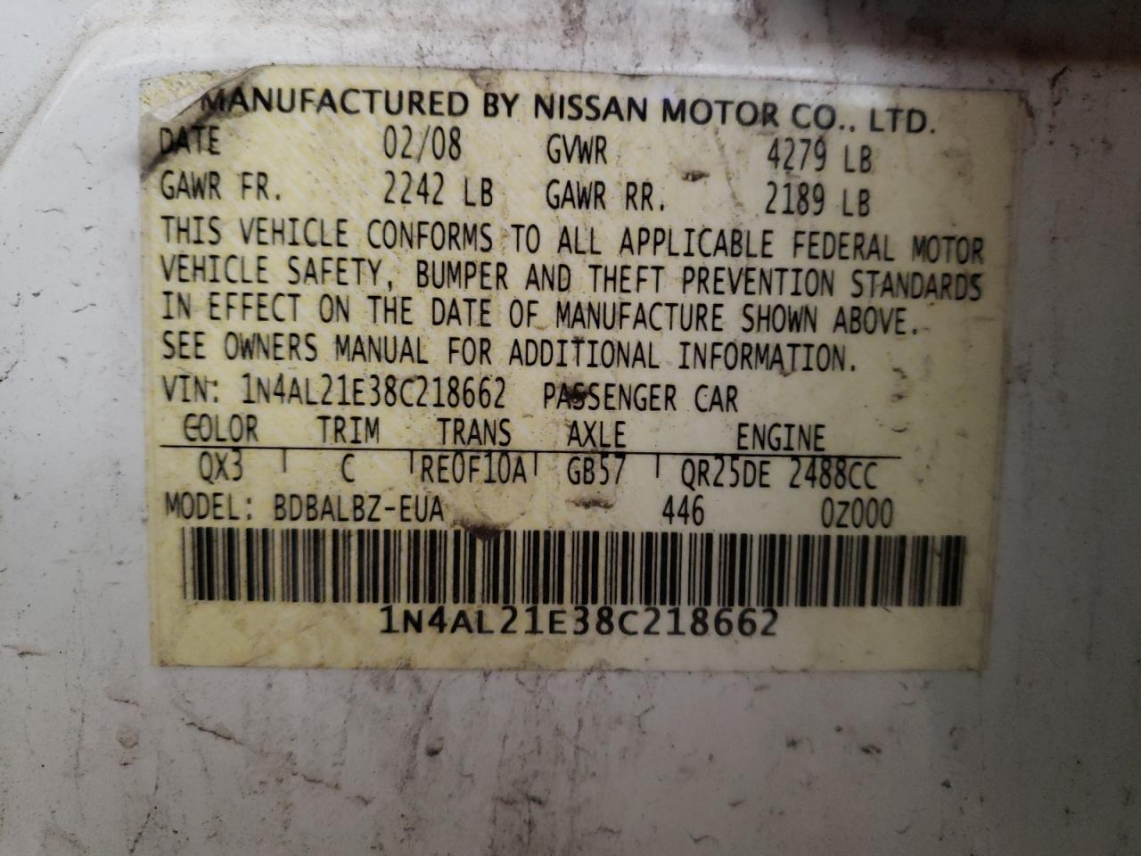 1N4AL21E38C218662 2008 Nissan Altima 2.5