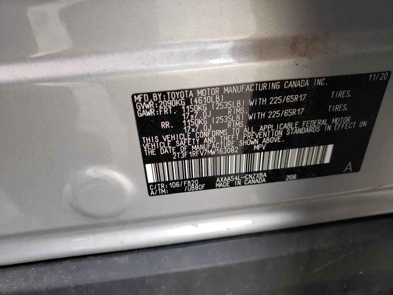 2T3F1RFV7MW163082 2021 Toyota Rav4 Le