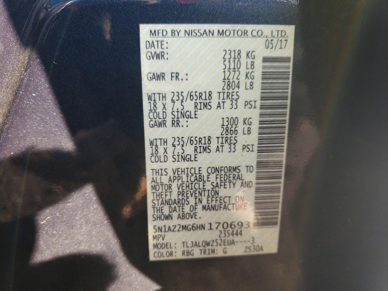 5n1az2mg6hn170693 5N1AZ2MG6HN170693 2017 Nissan Murano S