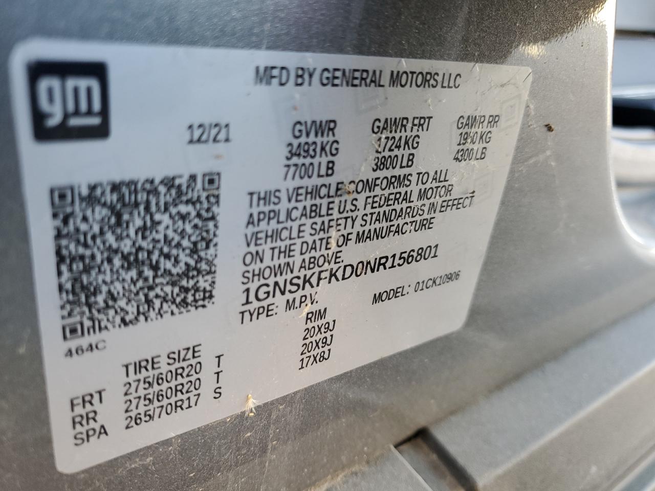 1GNSKFKD0NR156801 2022 Chevrolet Suburban Premier