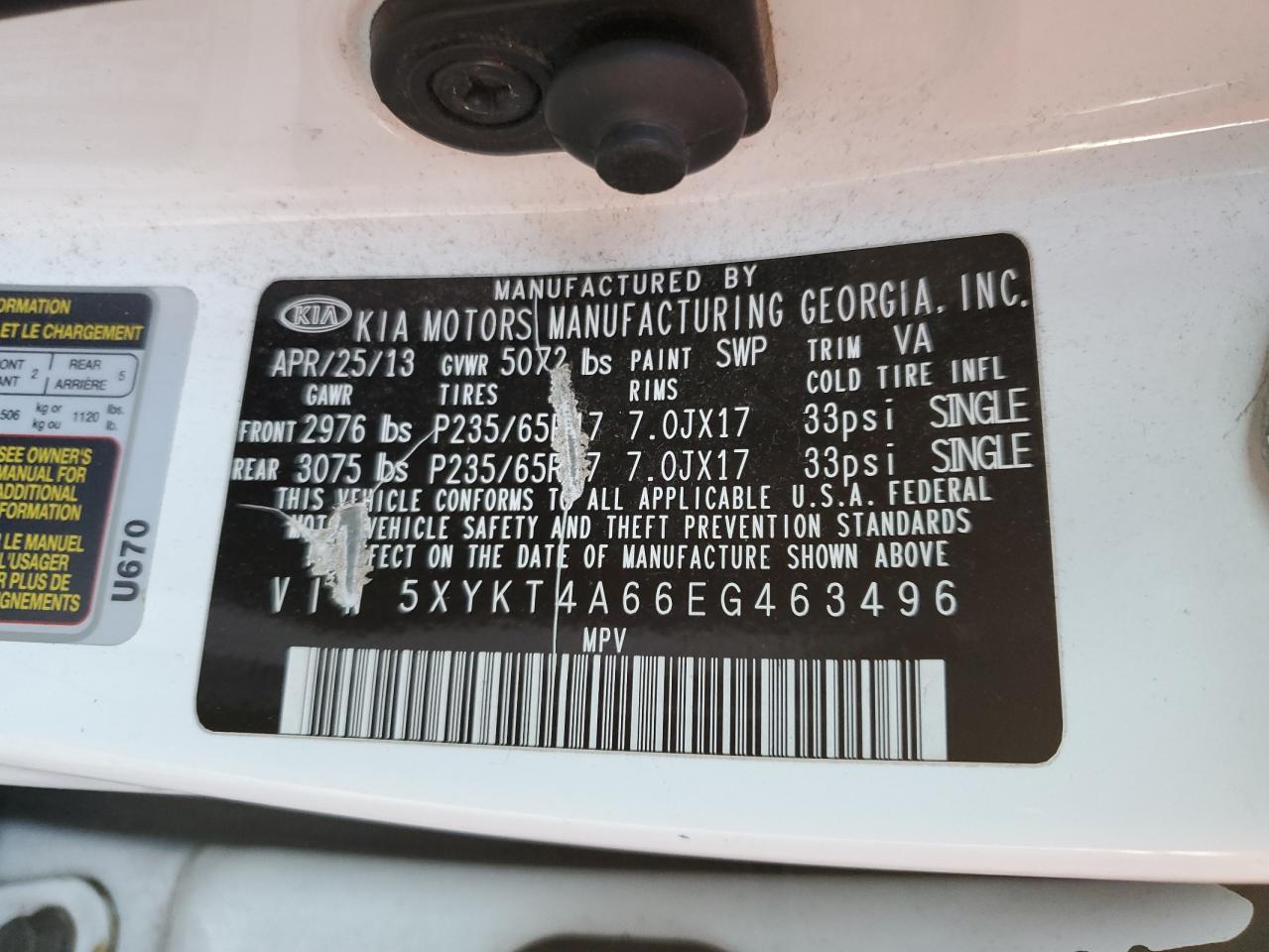 5XYKT4A66EG463496 2014 Kia Sorento Lx