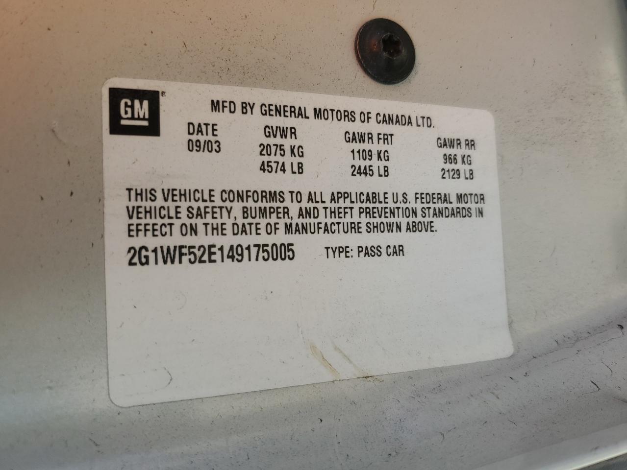 2G1WF52E149175005 2004 Chevrolet Impala