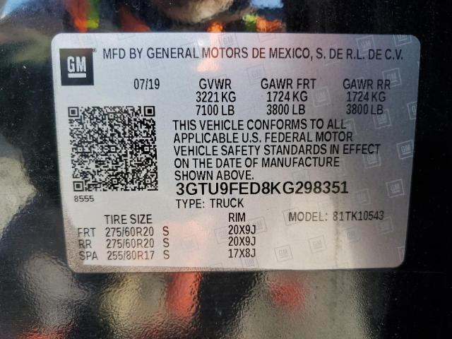 3GTU9FED8KG298351 | 2019 GMC SIERRA K15