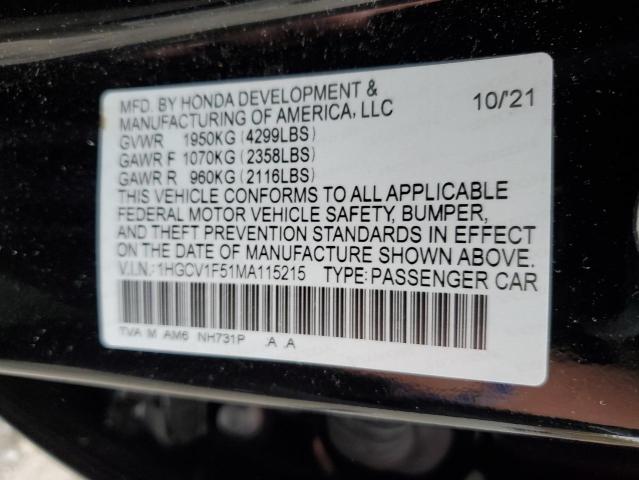 1HGCV1F51MA115215 | 2021 Honda accord exl