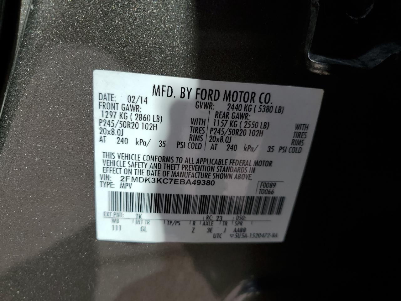 2FMDK3KC7EBA49380 2014 Ford Edge Limited