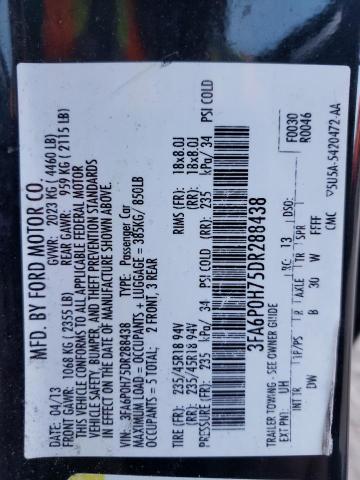 2013 Ford Fusion Se VIN: 3FA6P0H75DR288438 Lot: 75621033