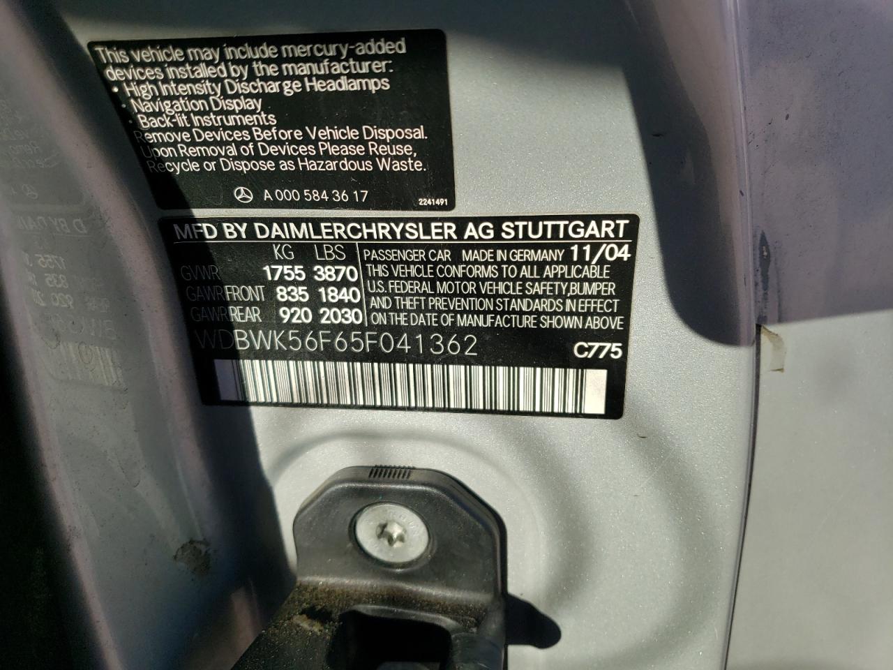 wdbwk56f65f041362 WDBWK56F65F041362 2005 Mercedes-Benz Slk 350