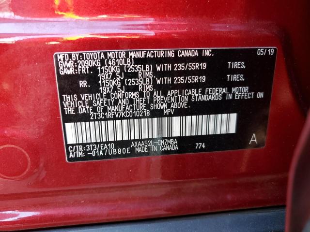 2T3C1RFV7KC010218 | 2019 TOYOTA RAV4 XLE P