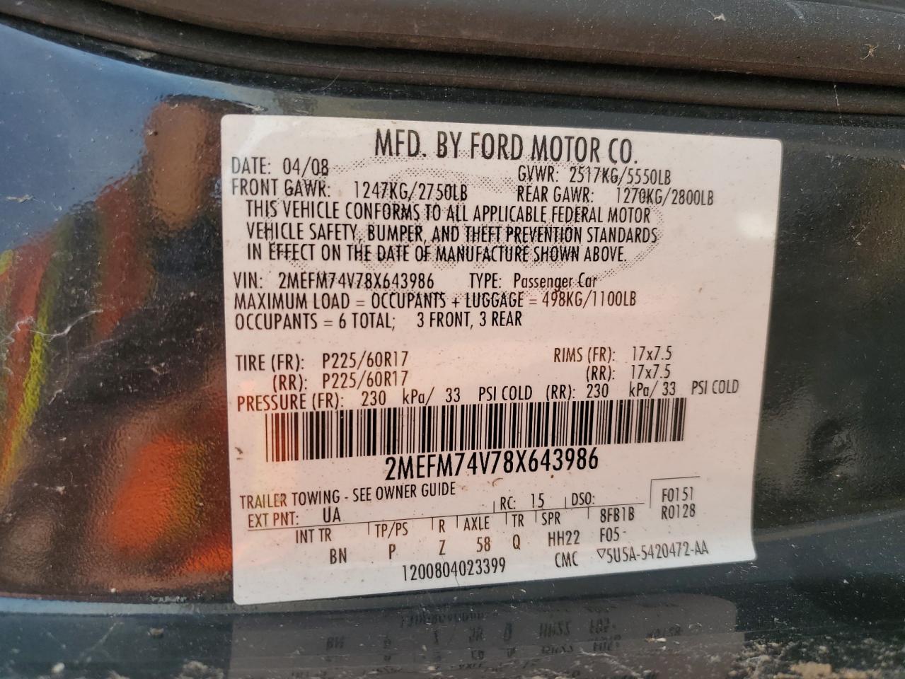 2MEFM74V78X643986 2008 Mercury Grand Marquis Gs