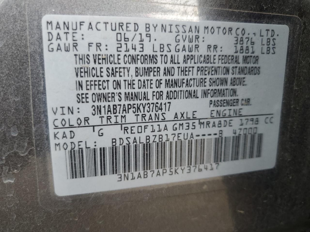VIN: 3N1AB7AP5KY376417 2019 NISSAN SENTRA
