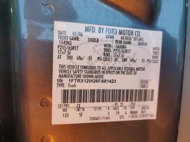 2006 Ford F150 VIN: 1FTRX12W26FA81423 Lot: 78015933