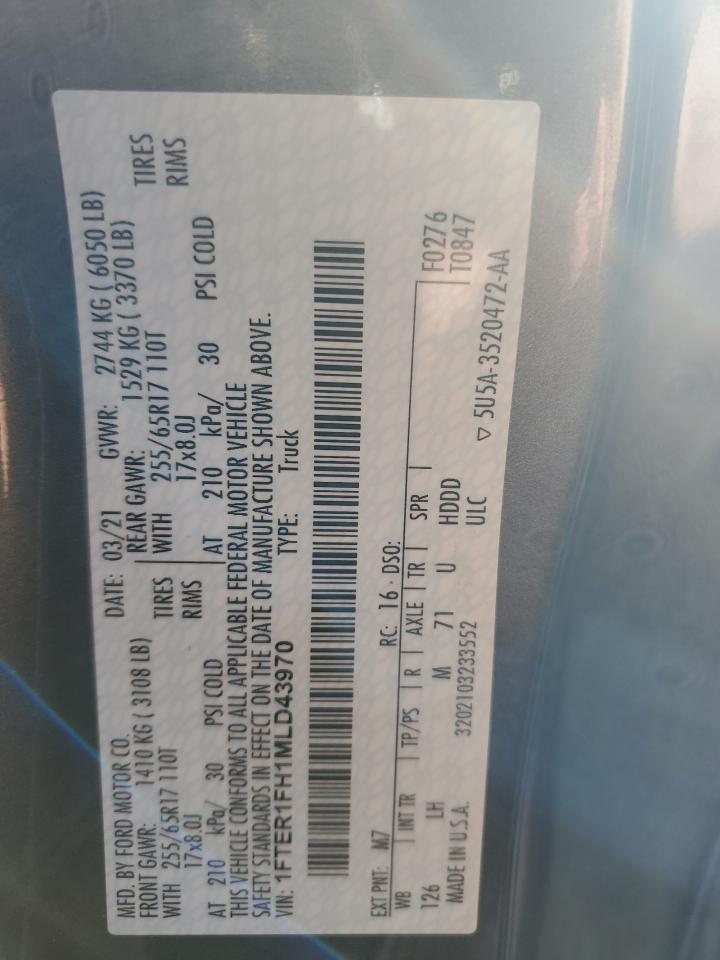 VIN: 1FTER1FH1MLD43970 2021 FORD RANGER