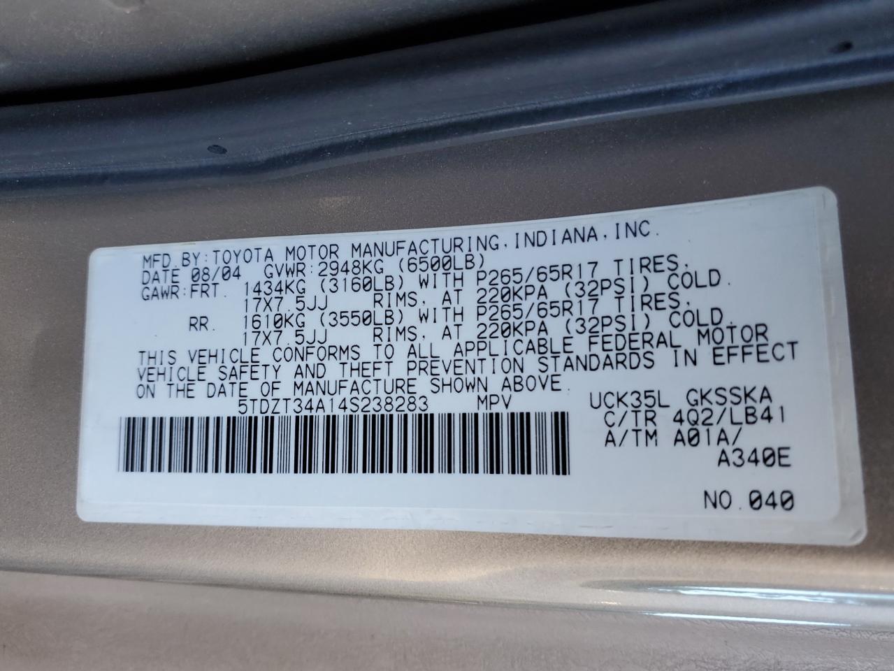 5TDZT34A14S238283 2004 Toyota Sequoia Sr5