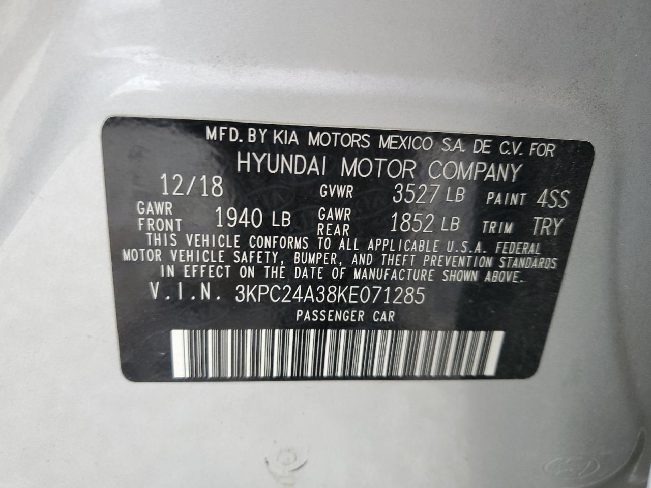 3KPC24A38KE071285 2019 Hyundai Accent Se