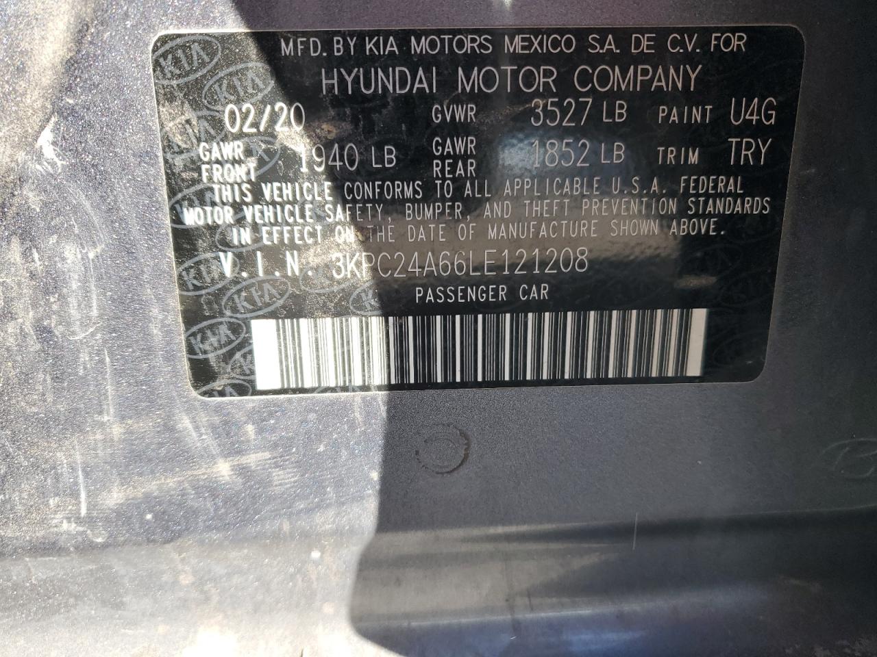 3kpc24a66le121208 3KPC24A66LE121208 2020 Hyundai Accent Se