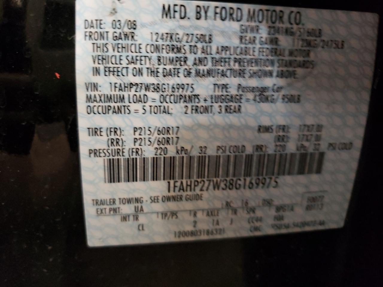 1fahp27w38g169975 1FAHP27W38G169975 2008 Ford Taurus Sel