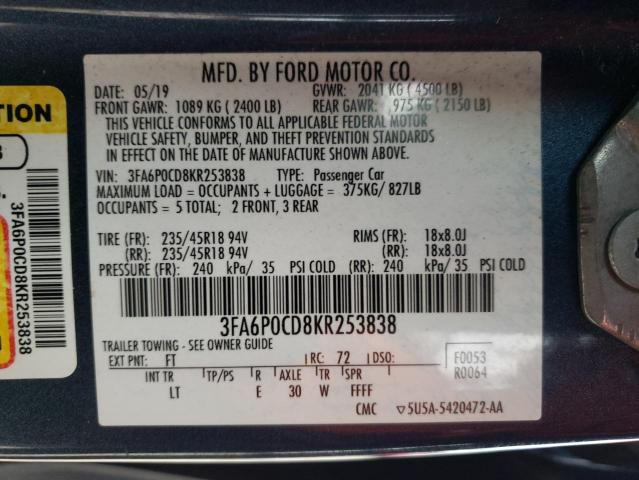 3FA6P0CD8KR253838 2019 FORD FUSION, photo no. 12