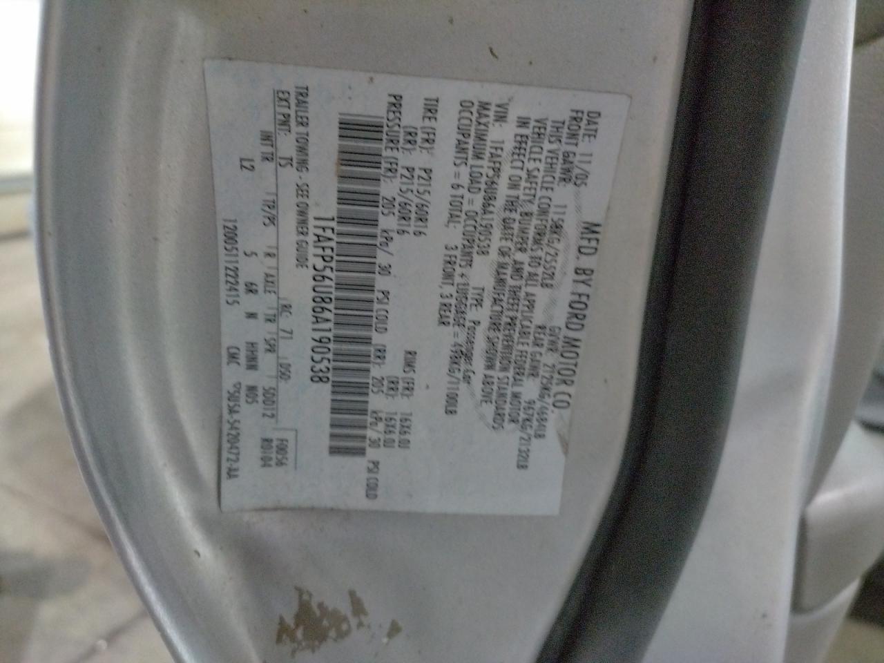 1FAFP56U86A190538 2006 Ford Taurus Sel