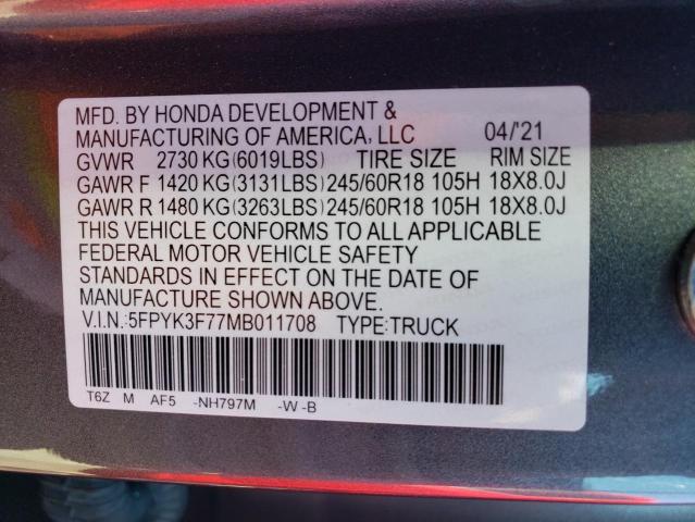 2021 HONDA RIDGELINE - 5FPYK3F77MB011708