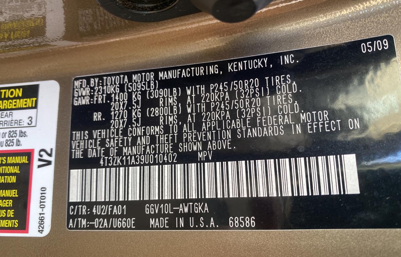 4T3ZK11A39U010402 2009 Toyota Venza