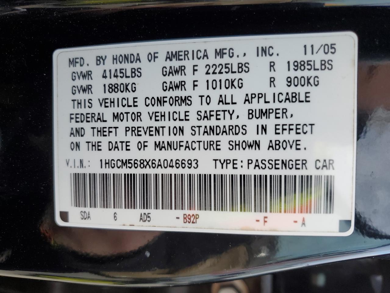 1HGCM568X6A046693 2006 Honda Accord Ex