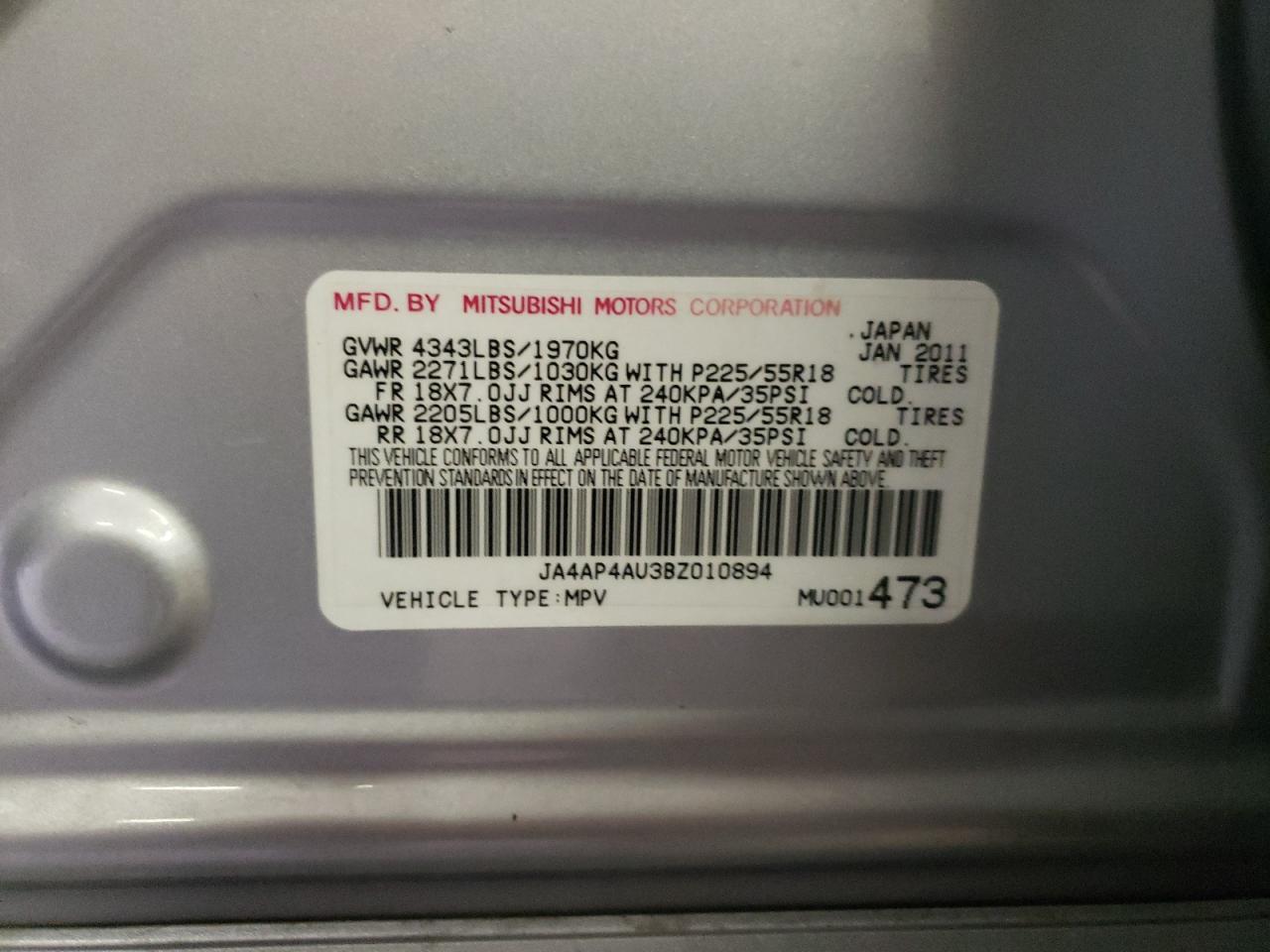 ja4ap4au3bz010894 JA4AP4AU3BZ010894 2011 Mitsubishi Outlander Sport Se