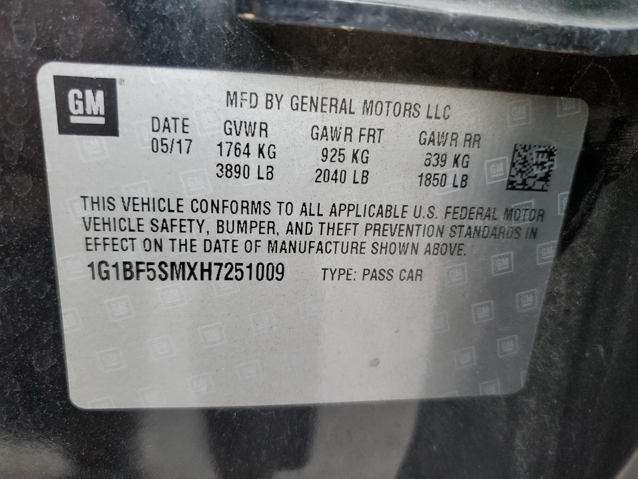 1G1BF5SMXH7251009 2017 Chevrolet Cruze Premier