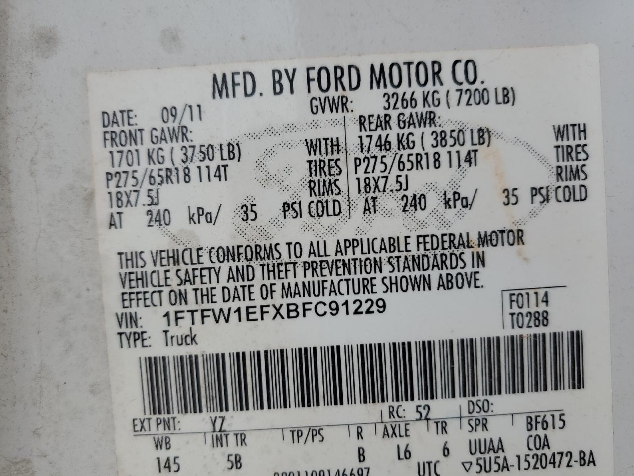 1FTFW1EFXBFC91229 2011 Ford F150 Supercrew