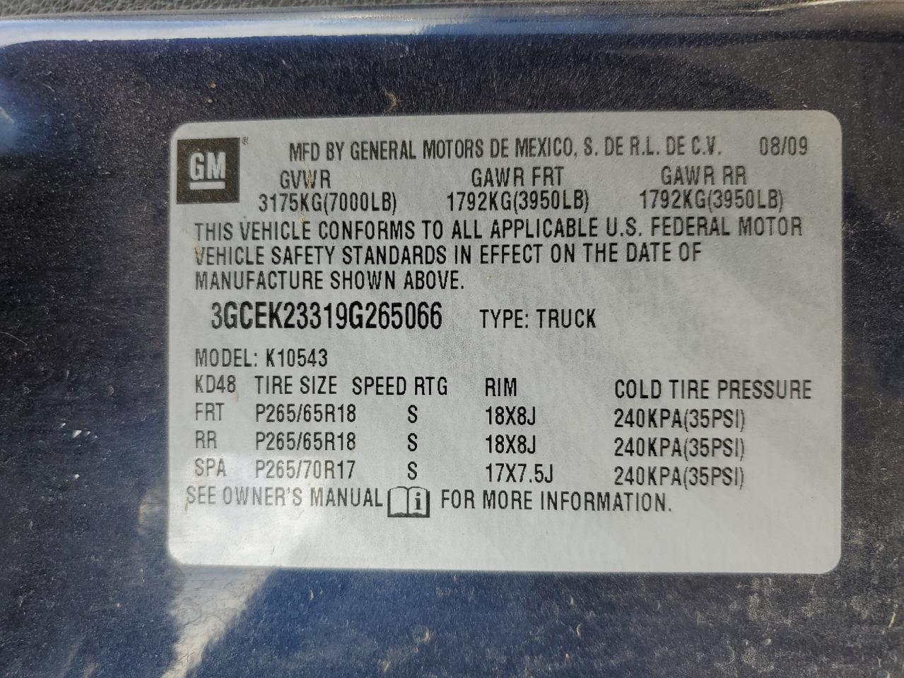 3GCEK23319G265066 2009 Chevrolet Silverado 1500 Lt