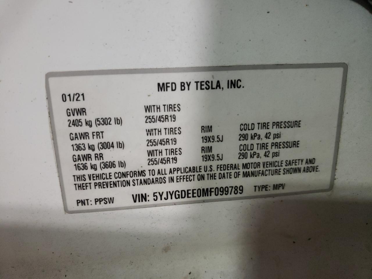 2021 Tesla Model Y vin: 5YJYGDEE0MF099789