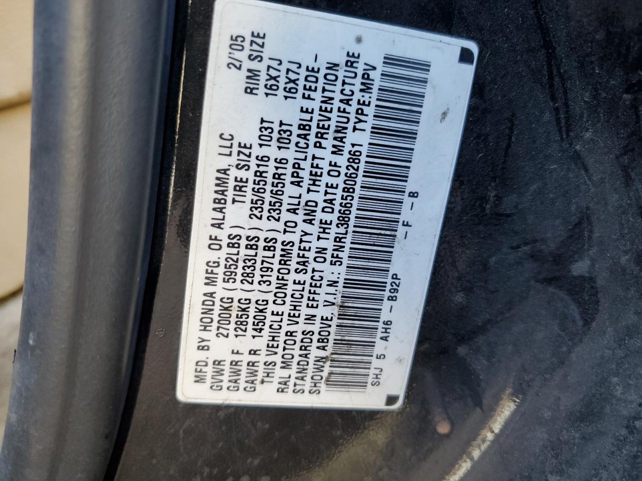 5FNRL38665B062861 2005 Honda Odyssey Exl