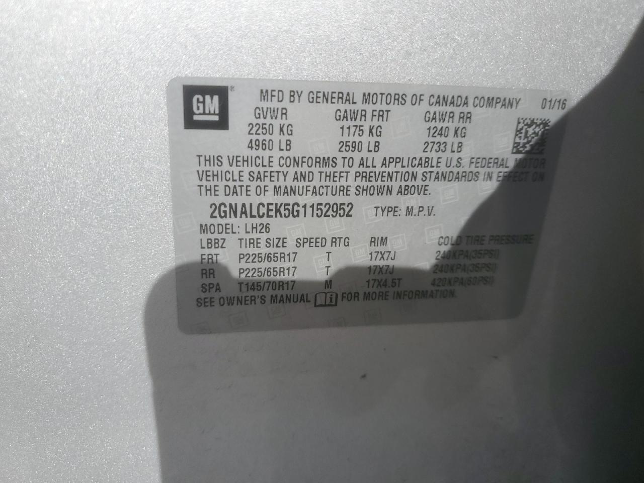 VIN: 2GNALCEK5G1152952 2016 CHEVROLET EQUINOX