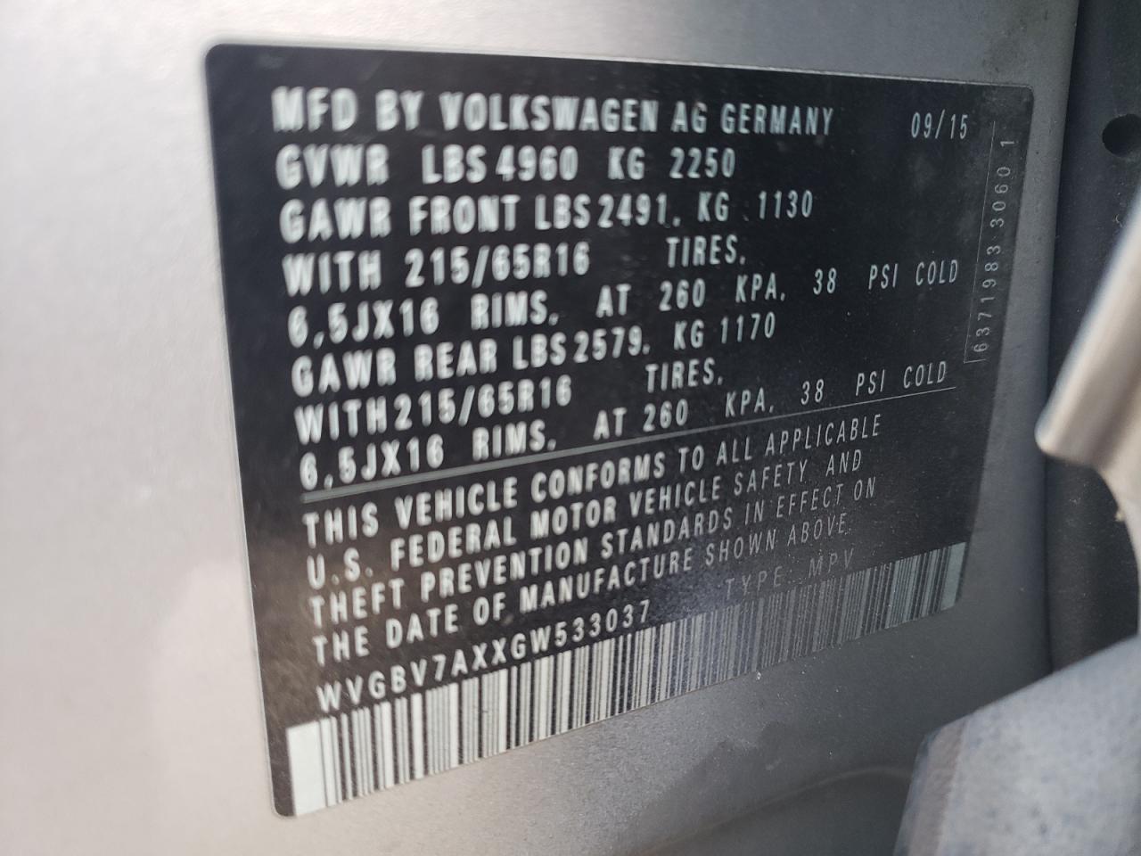 WVGBV7AXXGW533037 2016 Volkswagen Tiguan S