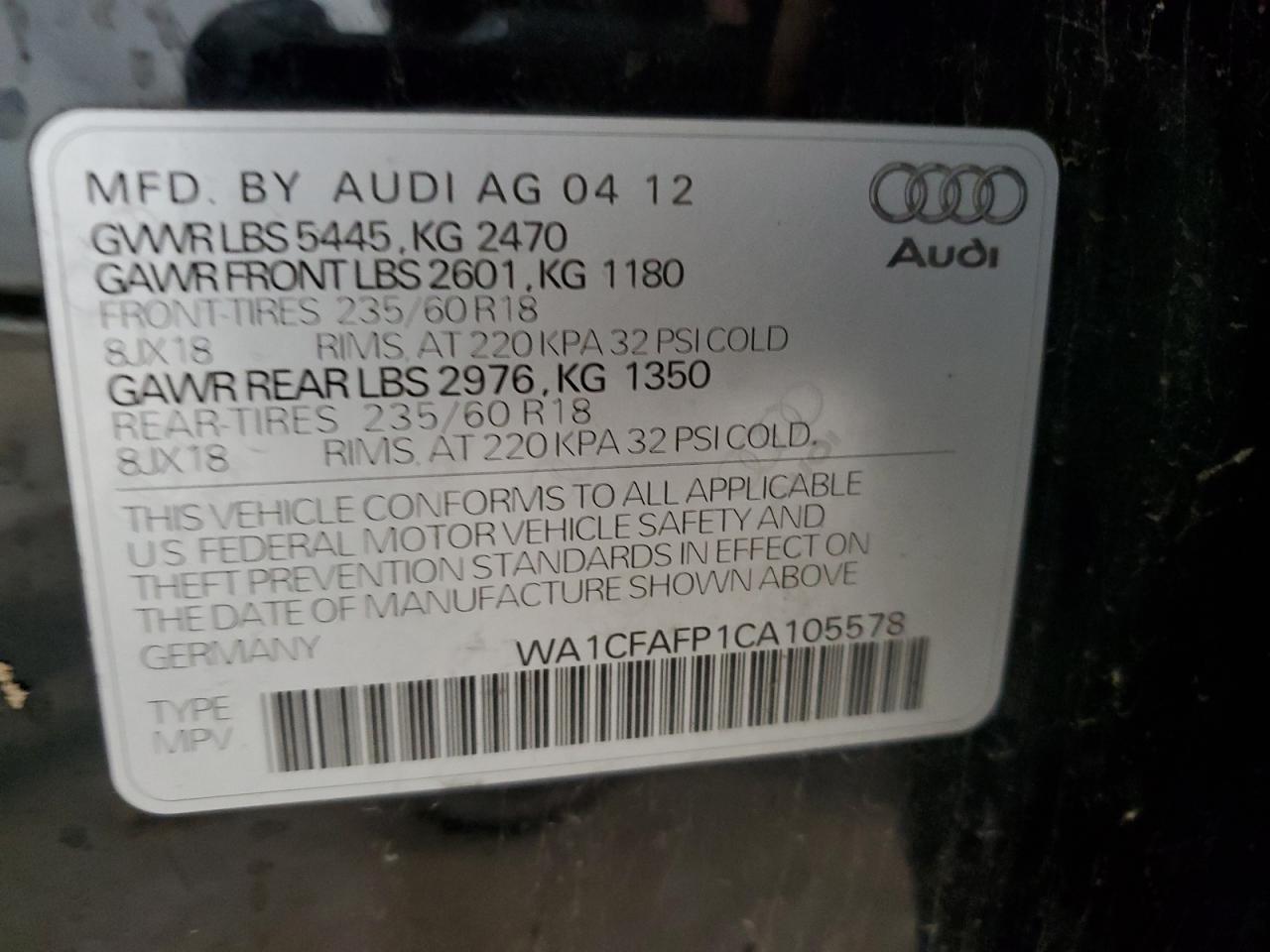 2012 Audi Q5 Premium vin: WA1CFAFP1CA105578