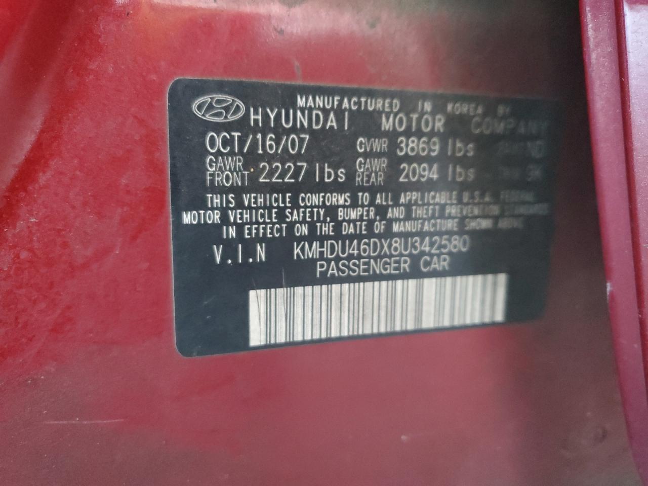 KMHDU46DX8U342580 2008 Hyundai Elantra Gls