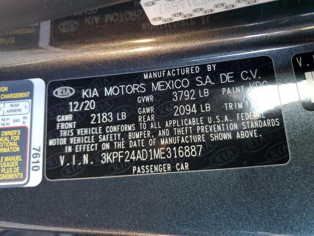 3KPF24AD1ME316887 | 2021 KIA FORTE FE